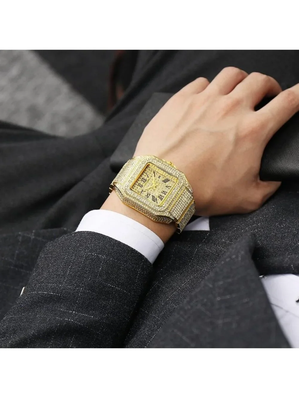 Stylish Hip Hop Men's Bling Crystal Watch - Rectangle Case, Stainless Steel
